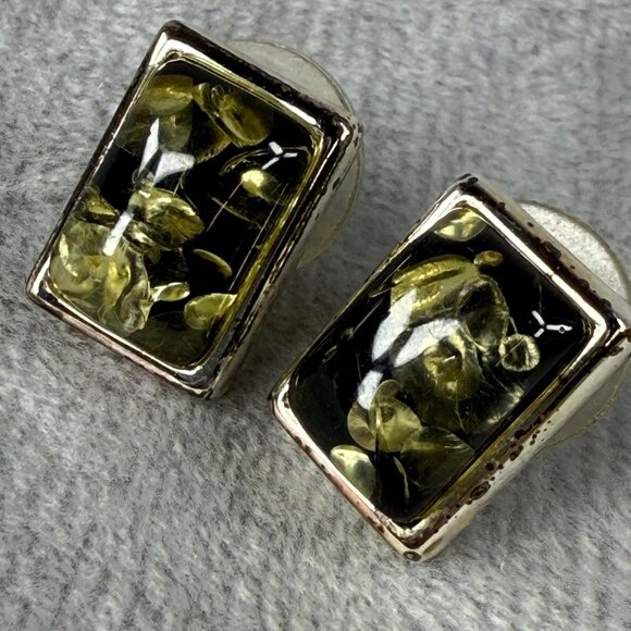 Floral Jewelry Pendant Pierced Earring Set Green Color Center Silver-Tone Frames - Picture 3 of 16